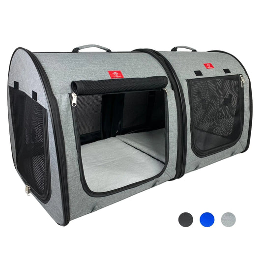 One for Pets Portable 2-in-1 Double Pet Kennel/Shelter Fabric Black/Royal Blue 20"x20"x39" - Car Seat-Belt Fixture Included (Gray)