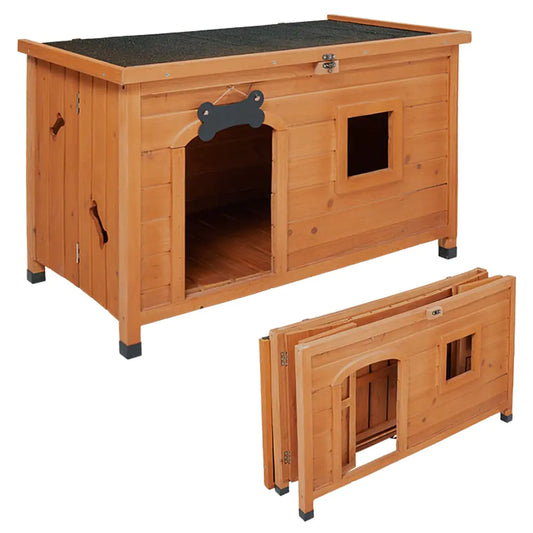 FRONT ROW Foldable Dog House Indoor Outdoor Wooden Crate Kennel Cage for Small & Medium Pets Tool Free Assembly Draft Resistant Natural Wood Includes Curtain