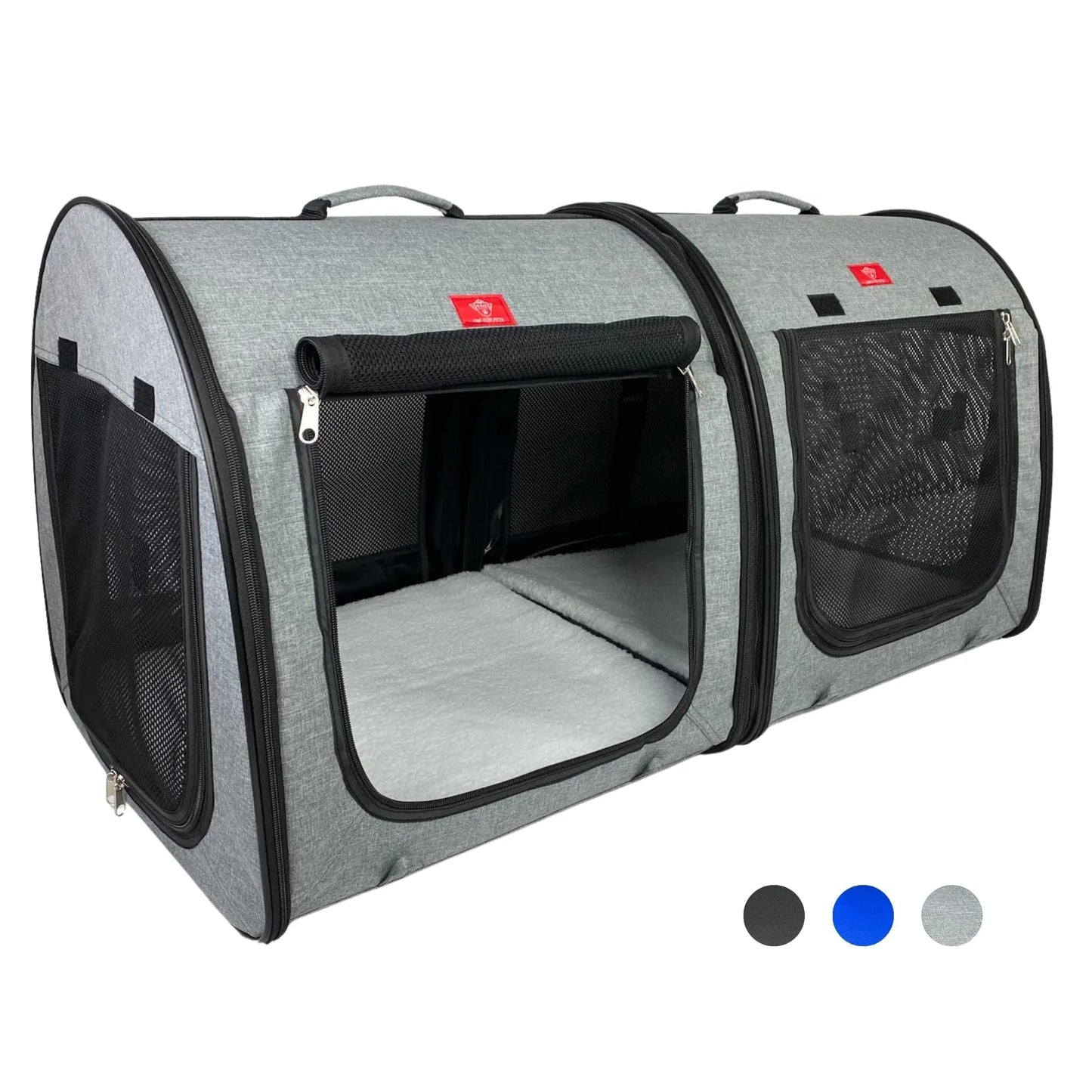 One for Pets Portable 2-in-1 Double Pet Kennel/Shelter Fabric Black/Royal Blue 20"x20"x39" - Car Seat-Belt Fixture Included (Gray)