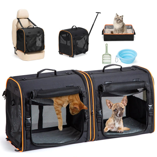 UNICITII 2-in-1 Cat Dog Carrier for Pets up to 30 Lbs Double Pet Carrier Car Travel Portable Twin Compartment Pet Kennel Dog Crate Set with Litter Box Bowl for Outdoor Camping